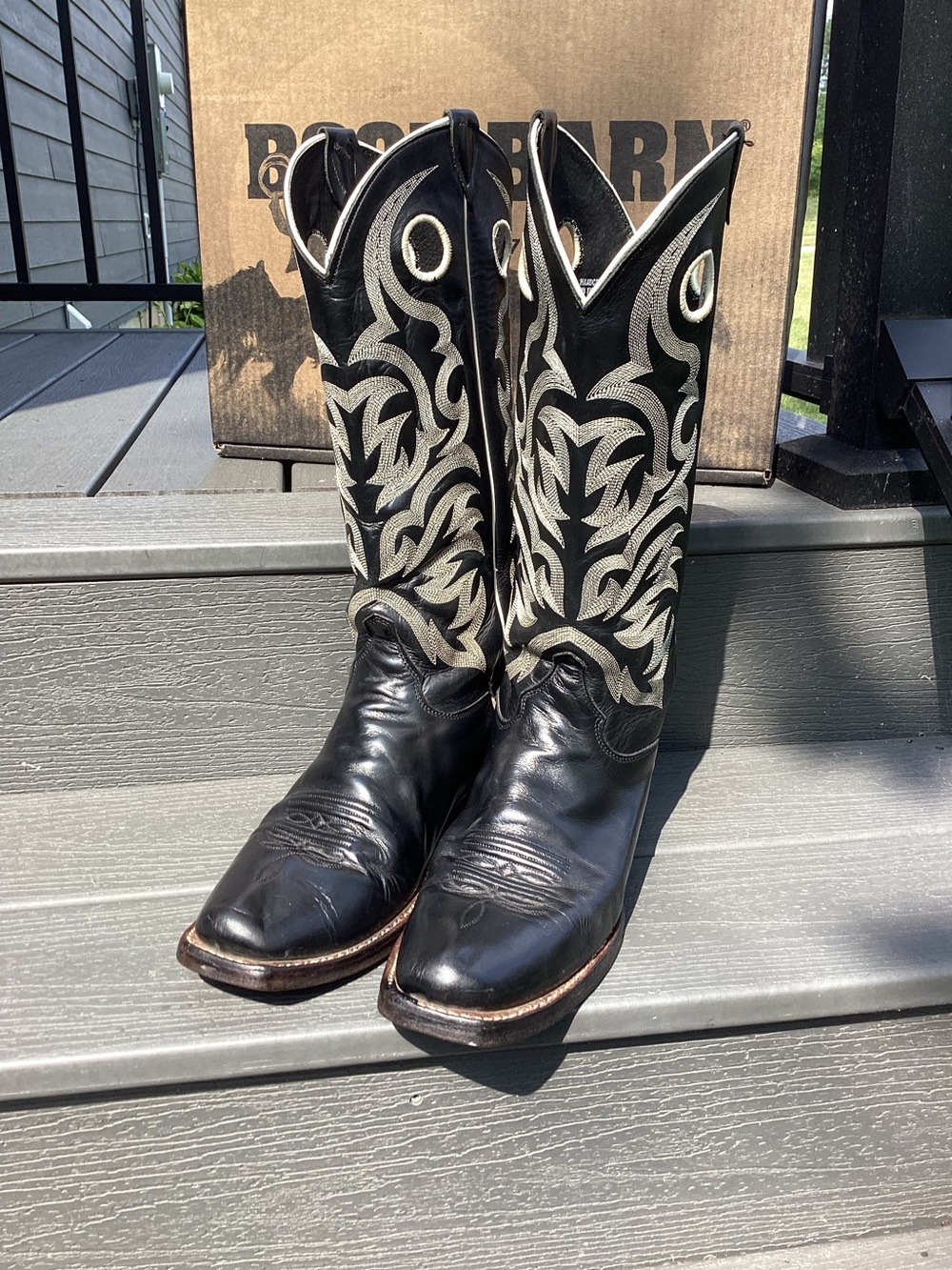 Justin 10.5D Black Square Toe BR 700 Leather Western Cowboy Boots